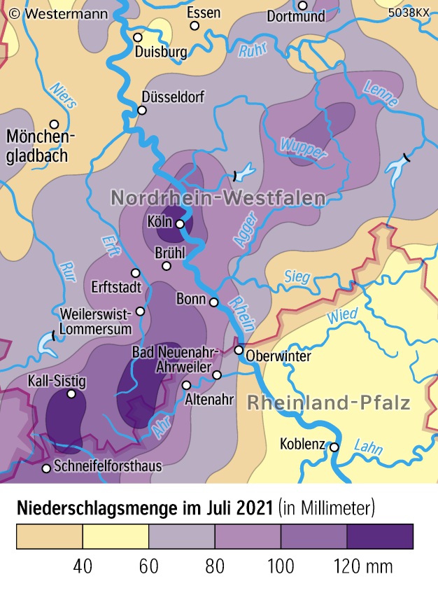 Niederschläge am 14. Juli 2021. Einzugsgebiet von Erft und Ahr