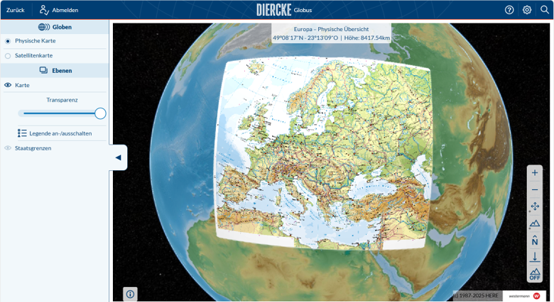 Physische Karte Europa auf dem Diercke Globus