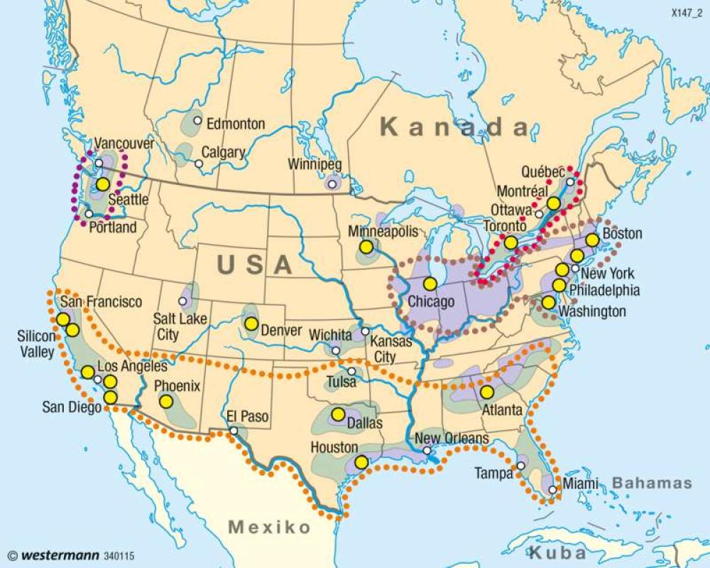 Bild der Karte USA, Kanada - Industrieräume - Vereinigte Staaten von Amerika (USA), Kanada - Wirtschaft