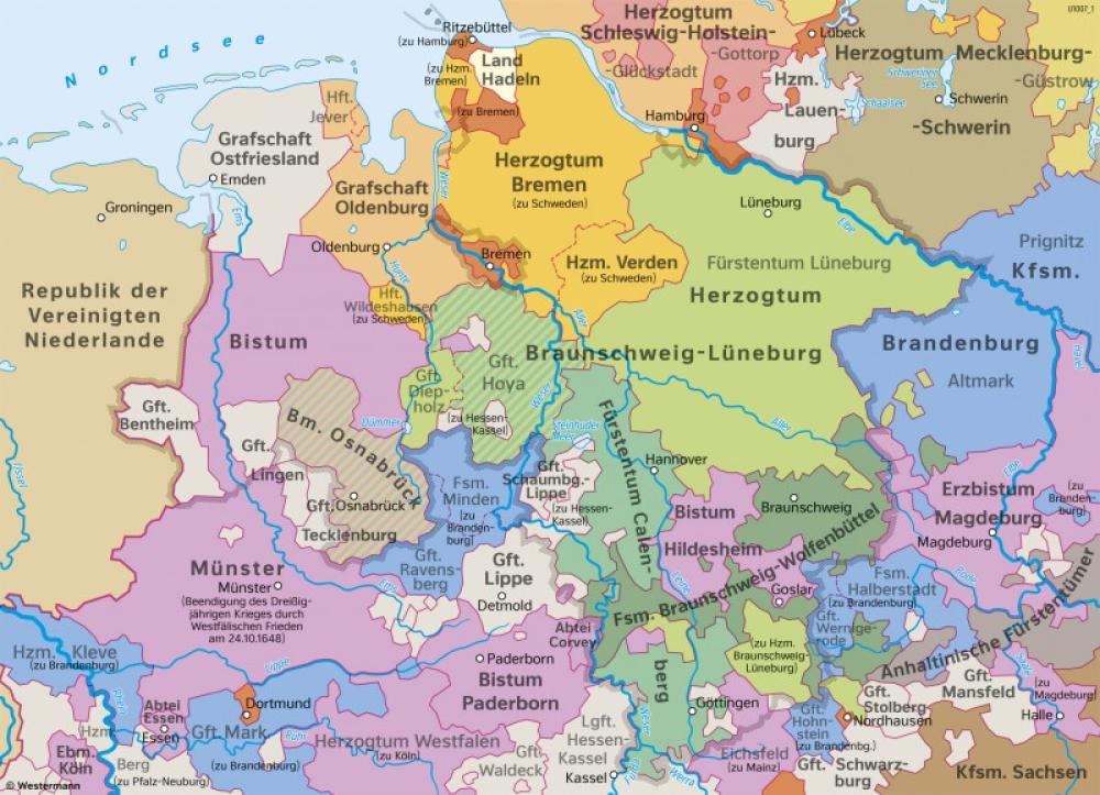 Bild der Karte Niedersachsen und Bremen - Territorien 1648 - Niedersachsen - Geschichte und Verwaltung