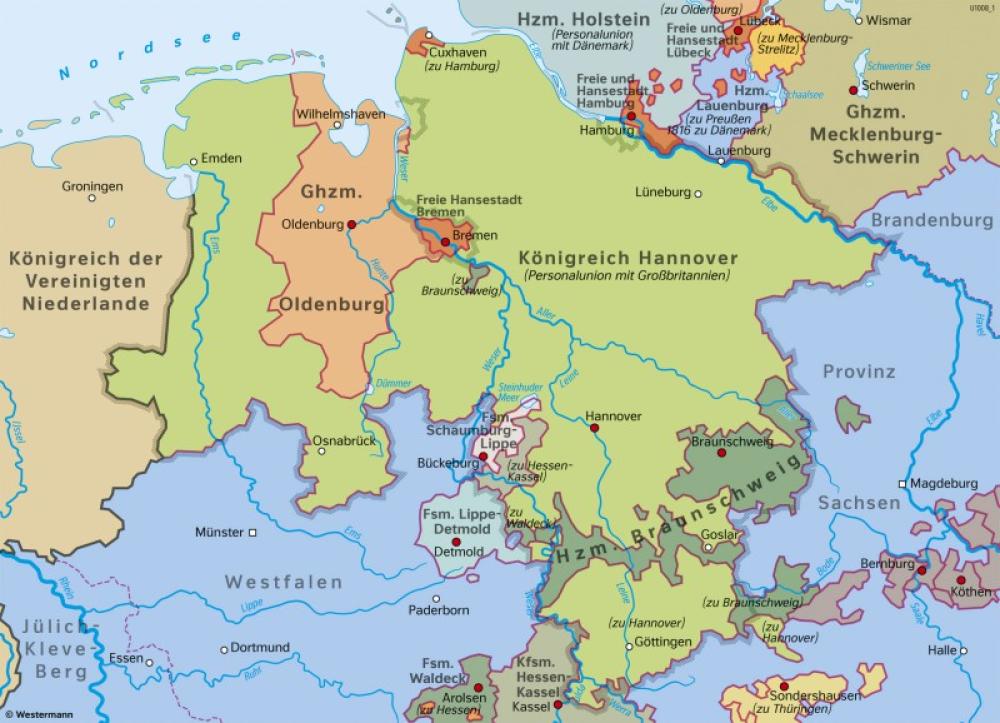 Bild der Karte Niedersachsen und Bremen - Territorien 1815 - Niedersachsen - Geschichte und Verwaltung