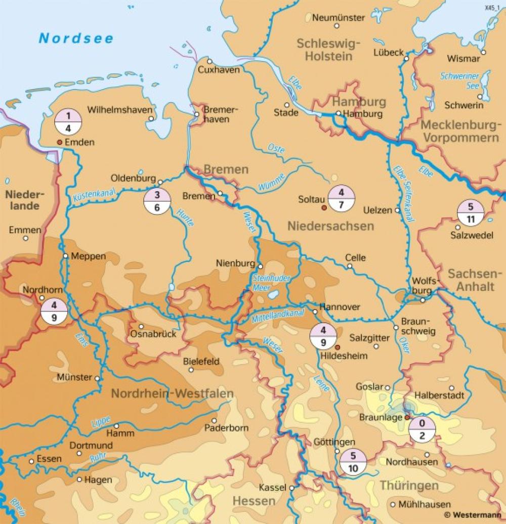 Bild der Karte Niedersachsen - Temperaturen im Jahr - Niedersachsen - Klima und Landwirtschaft