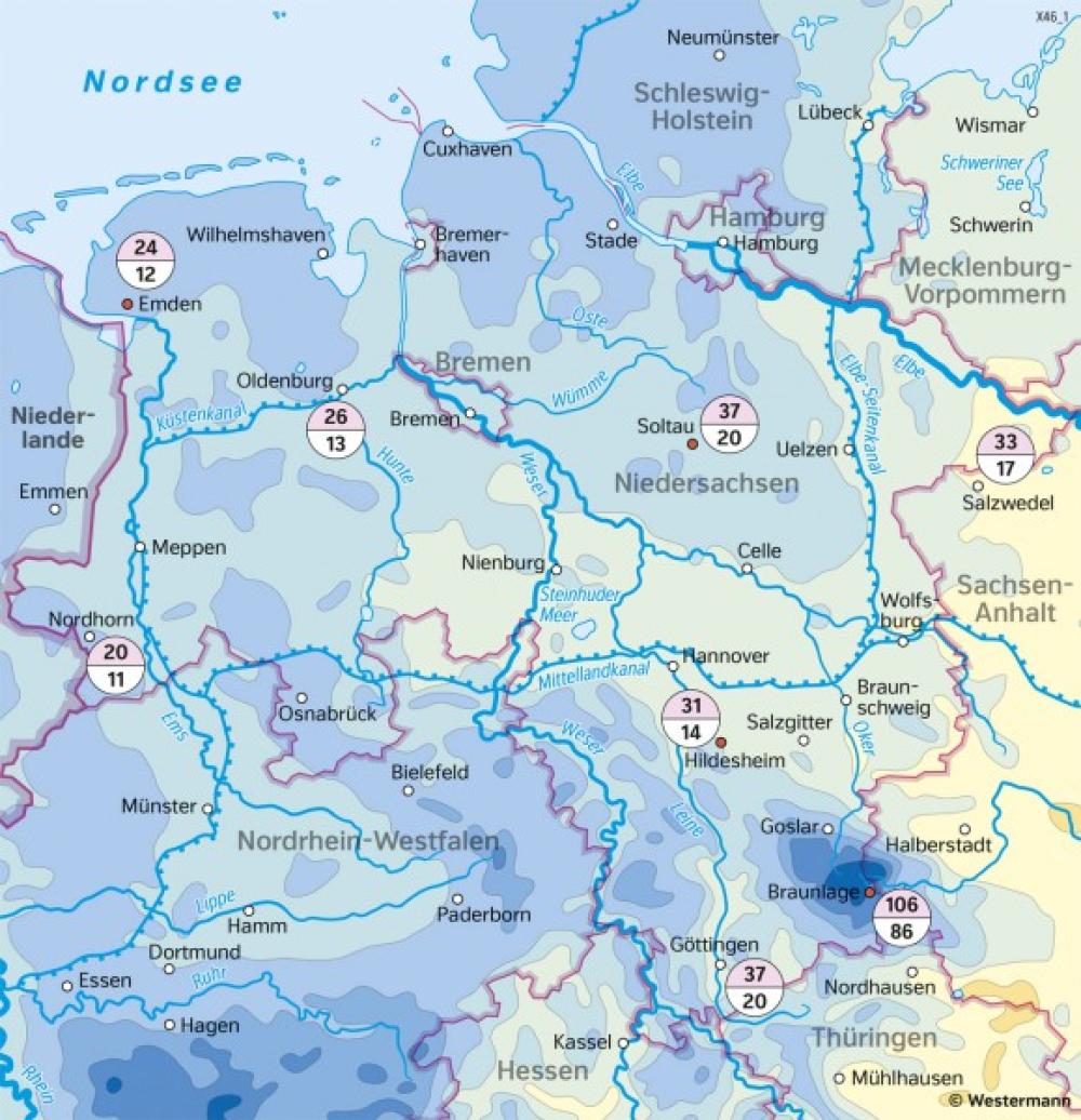 Bild der Karte Niedersachsen - Niederschläge im Jahr - Niedersachsen - Klima und Landwirtschaft