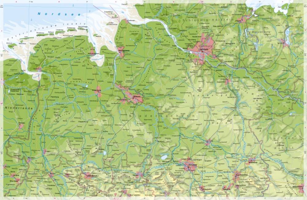 Bild der Karte Nördliches Niedersachsen und Bremen - Physische Karte - Nördliches Niedersachsen und Bremen - Physische Karte