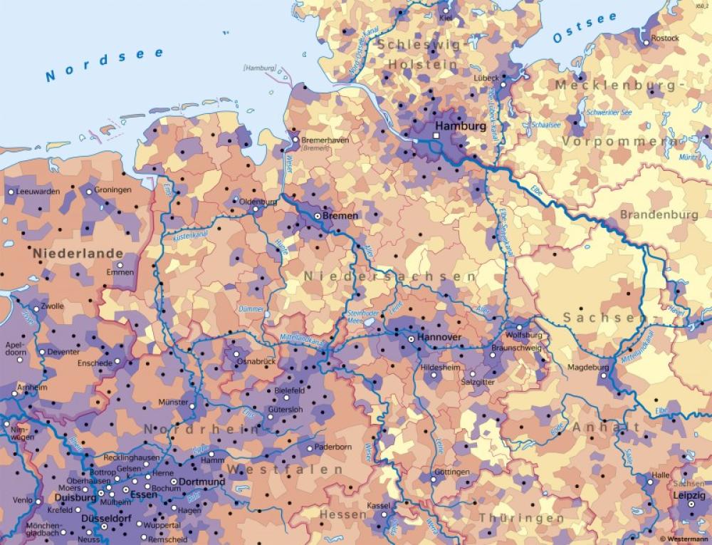 Bild der Karte Niedersachsen - Bevölkerungsdichte - Niedersachsen - Bevölkerung und Landeshauptstadt Hannover