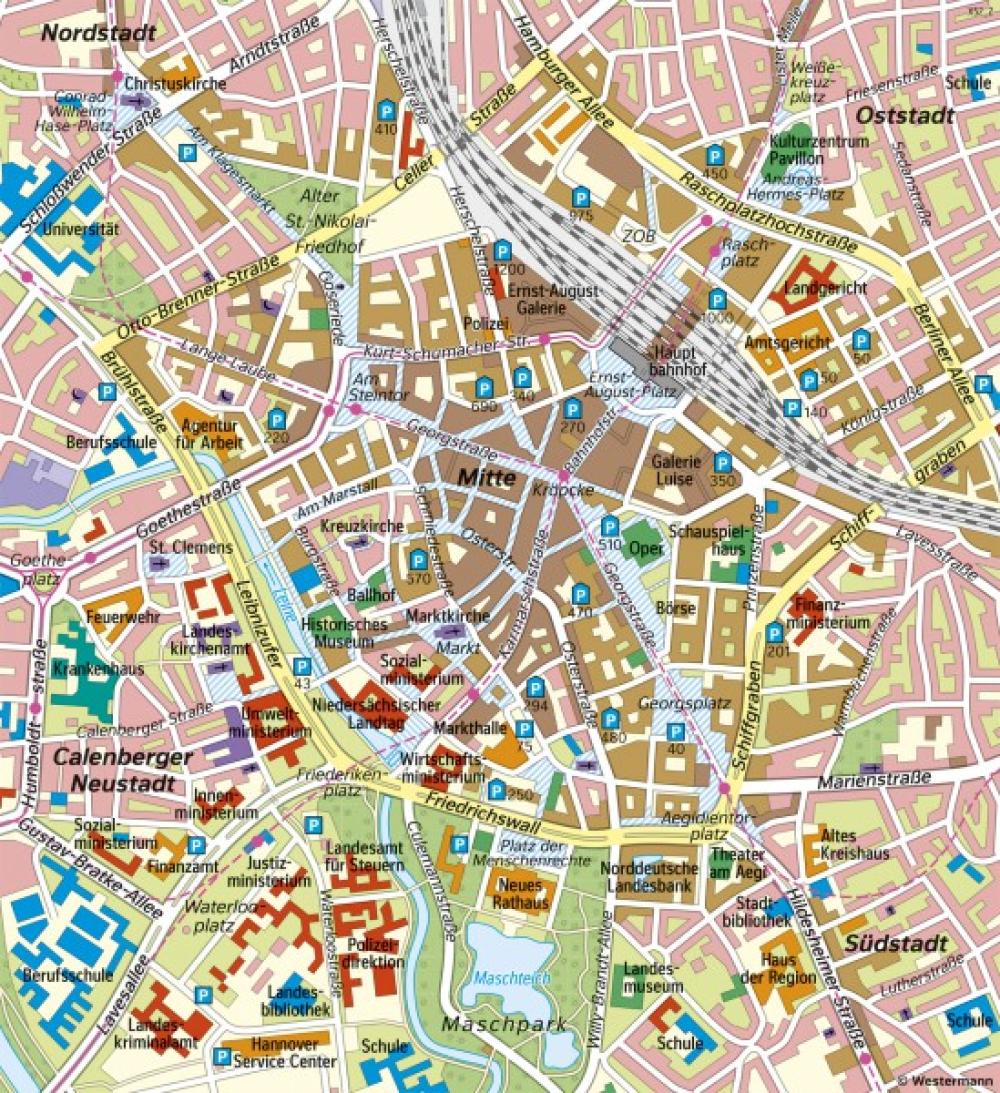 Bild der Karte Hannover-Innenstadt - Funktionale Gliederung - Niedersachsen - Bevölkerung und Landeshauptstadt Hannover