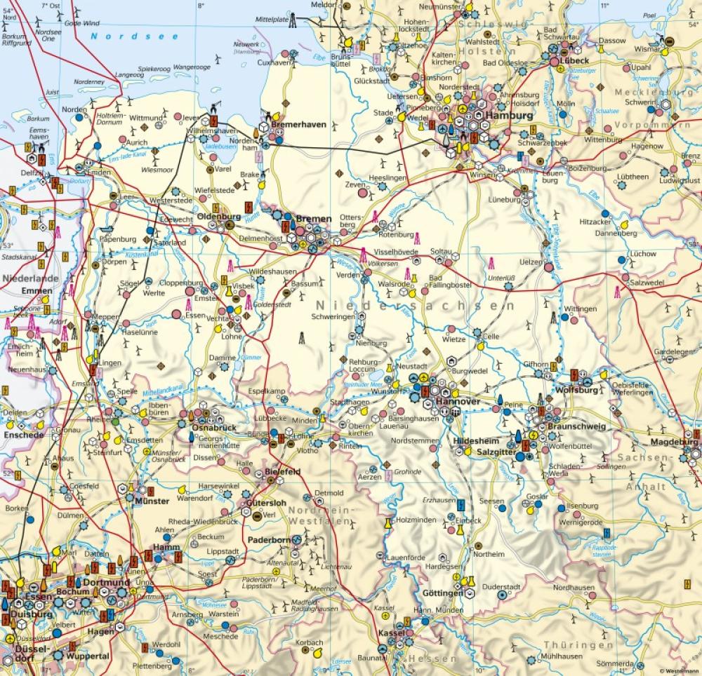 Bild der Karte Niedersachsen und Bremen - Wirtschaft und Verkehr - Niedersachsen und Bremen - Wirtschaft