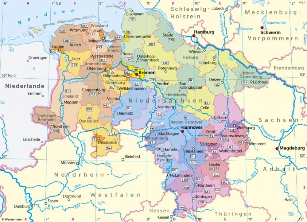 Bild der Karte Niedersachsen - Verwaltungsgliederung heute - Niedersachsen - Geschichte und Verwaltung