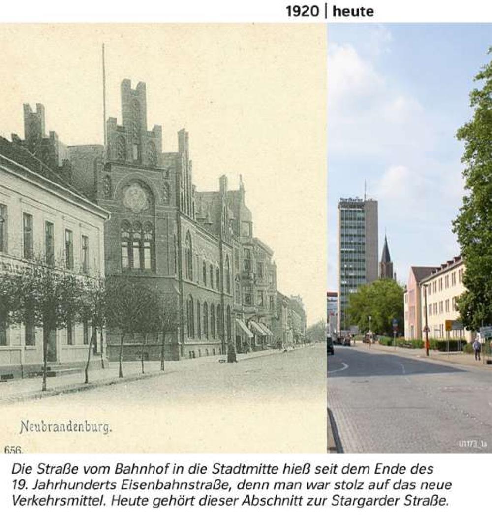 Bild der Karte Die Straße vom Bahnhof in die Stadtmitte hieß seit dem Ende des 19. Jahrhunderts Eisenbahnstraße, denn man war stolz auf das neue Verkehrsmittel. Heute gehört dieser Abschnitt zur Stargarder Straße. - Mecklenburg-Vorpommern - Mecklenburg-Vorpommern - Den Wandel von Räumen beschreiben