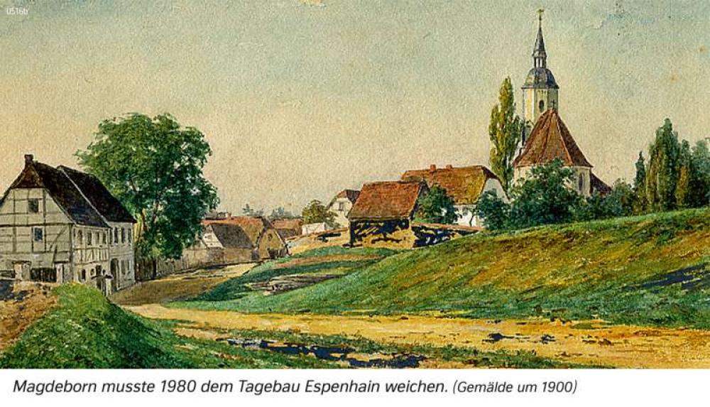 Bild der Karte Magdeborn musste 1980 dem Tagebau Espenhain weichen (Gemälde um 1900) - Sachsen - Südraum Leipzig - Den Wandel von Räumen beschreiben