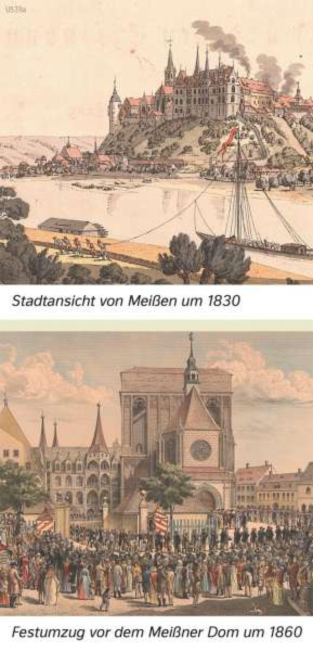Bild der Karte Stadtansicht von Meißen um 1830/Festumzug vor dem Meißner Dom um 1860 - Sachsen - Sachsen - Geschichte