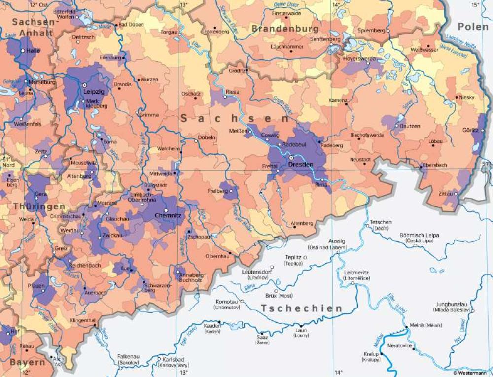 Bild der Karte Sachsen - Bevölkerungsdichte und Städte - Sachsen - Sachsen - Bevölkerung