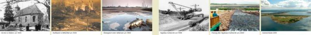 Bild der Karte Kirche in Döbern um 1935/Kraftwerk in Bitterfeld um 1935/Ökologisch toter Silbersee um 1990/Tagebau Goitzsche um 1990/Flutung des Tagebaus Goitzsche um 2000/Goitzschesee 2010 - Sachsen-Anhalt - Bitterfeld-Wolfen - Räume im Wandel