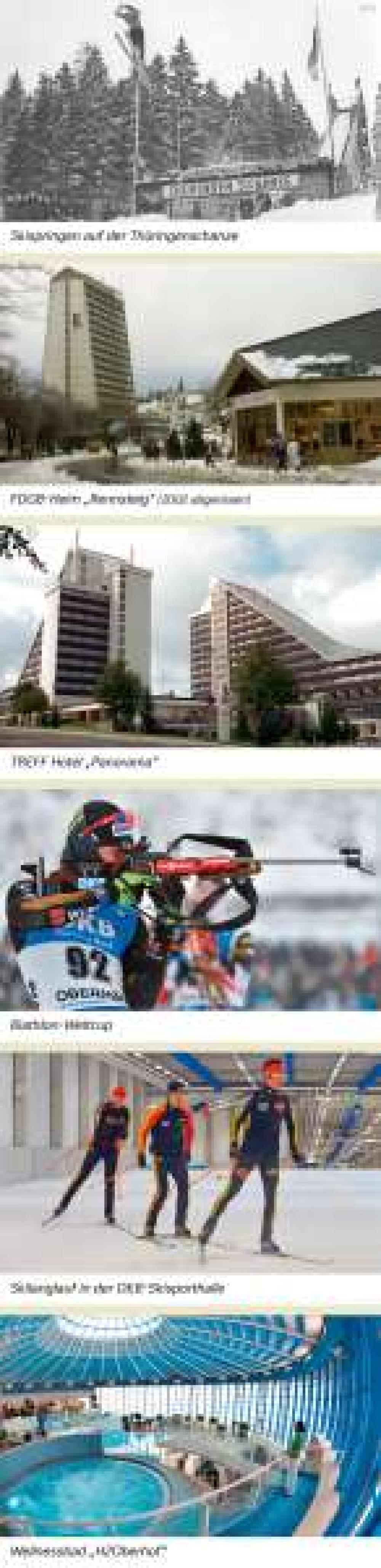 Bild der Karte Oberhof - Skispringen auf der Thüringer Schanze/FDGB-Heim „Rennsteig“ (2002 abgerissen)/TREFF Hotel „Panorama“/Biathlon-Weltcup/Skilanglauf in der DKB-Skisporthalle/Wellnessbad „H2Oberhof“ - Thüringen - Oberhof - Raum im Wandel