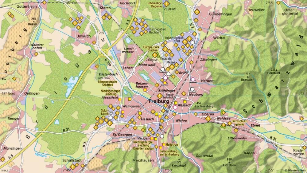 Bild der Karte Freiburg - Nachhaltige Energieversorgung - Freiburg im Breisgau - Maßstab und Entfernungen