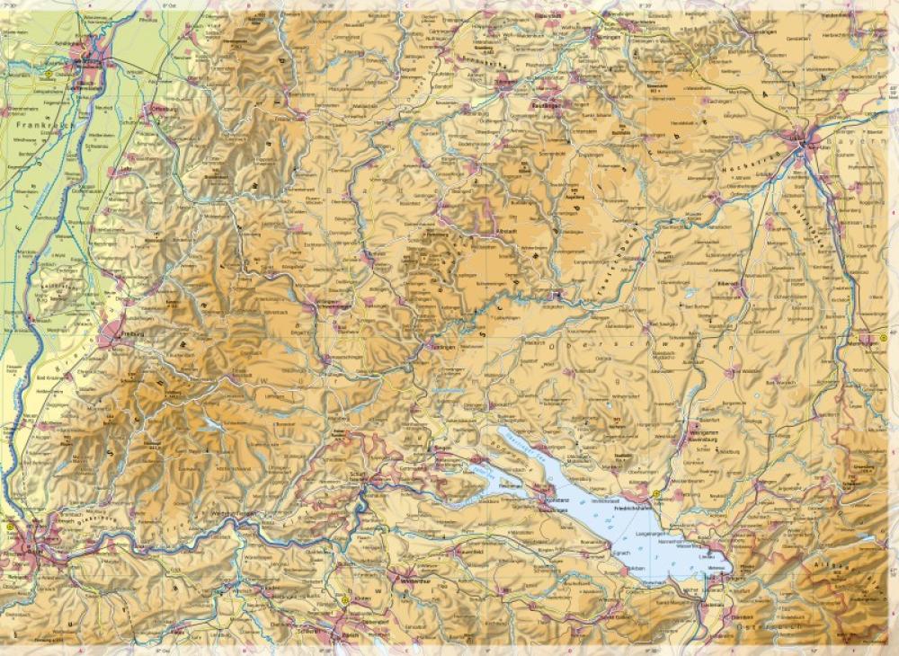 Bild der Karte Südliches Baden-Württemberg - Physische Karte - Südliches Baden-Württemberg - Physische Karte