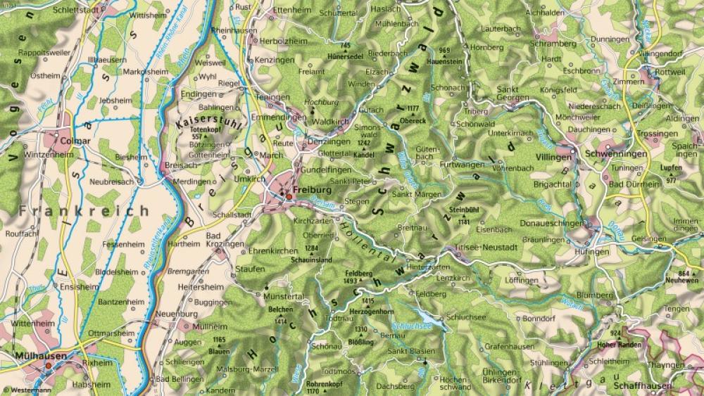 Bild der Karte Oberrheingraben und Schwarzwald - Landschaften - Freiburg im Breisgau - Maßstab und Entfernungen
