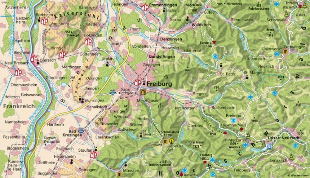 Bild der Karte Kaiserstuhl, Breisgau und Hochschwarzwald - Naherholung - Freiburg im Breisgau - Maßstab und Entfernungen