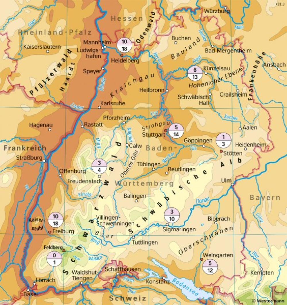 Bild der Karte Baden-Württemberg - Temperaturen im Juli - Baden-Württemberg - Klima und Landwirtschaft