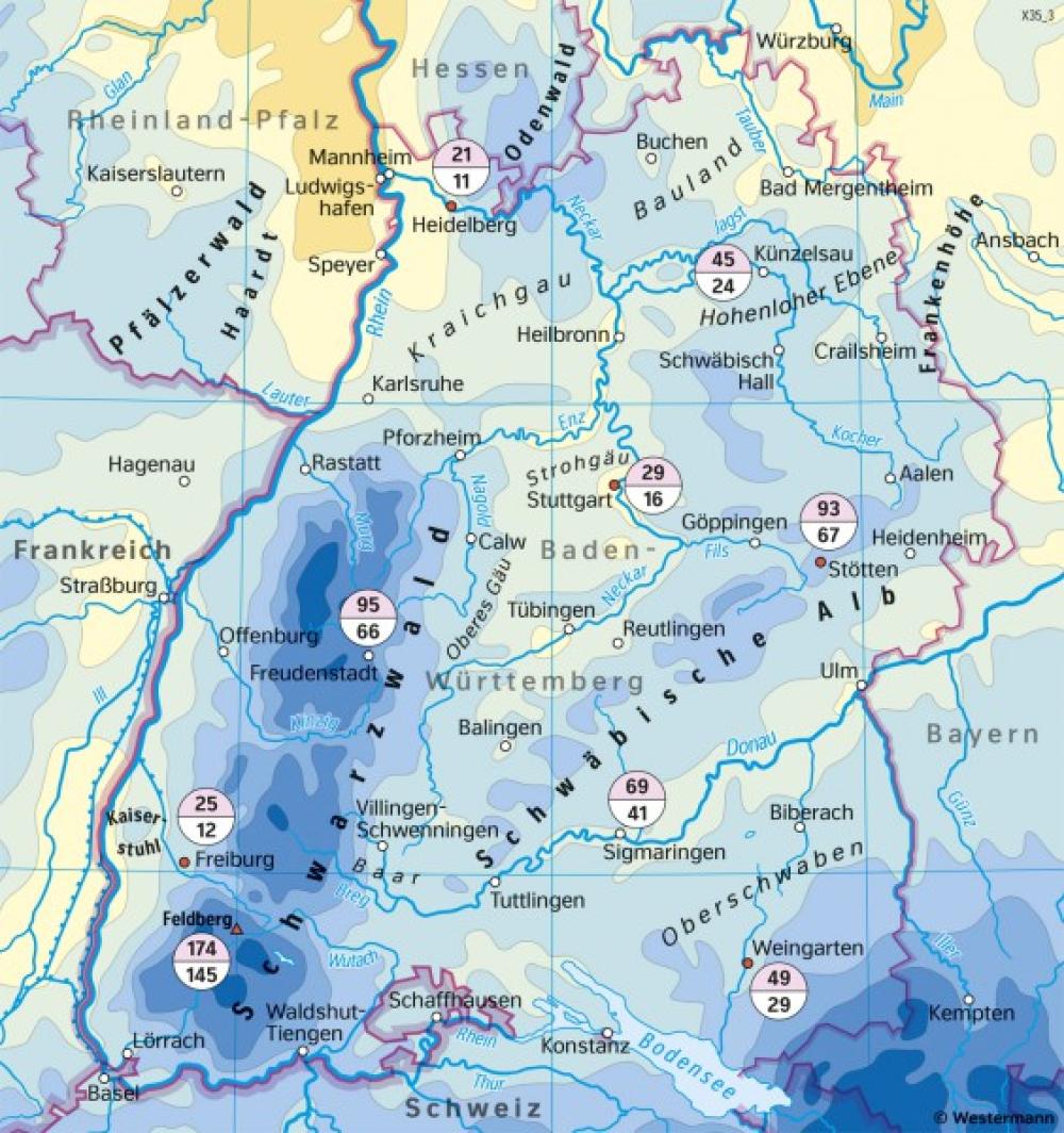 Bild der Karte Baden-Württemberg - Niederschläge im Jahr - Baden-Württemberg - Klima und Landwirtschaft