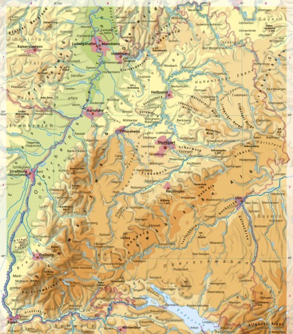 Bild der Karte Baden-Württemberg - Physische Übersicht - Baden-Württemberg - Landschaften