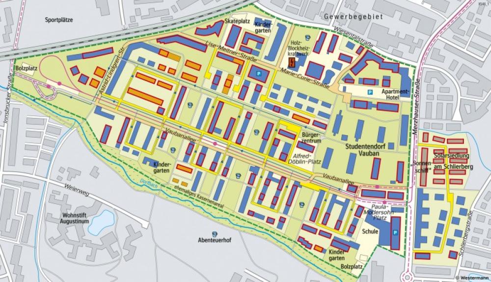 Bild der Karte Quartier Vauban (Freiburg) - Nachhaltige Stadtentwicklung - Freiburg im Breisgau - Maßstab und Entfernungen