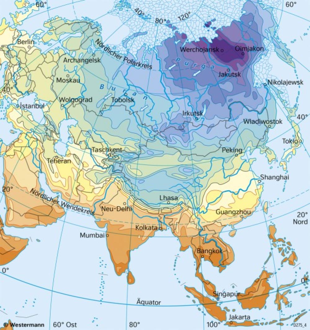 Bild der Karte Asien - Temperaturen - im Januar - Asien - Klima und Monsun