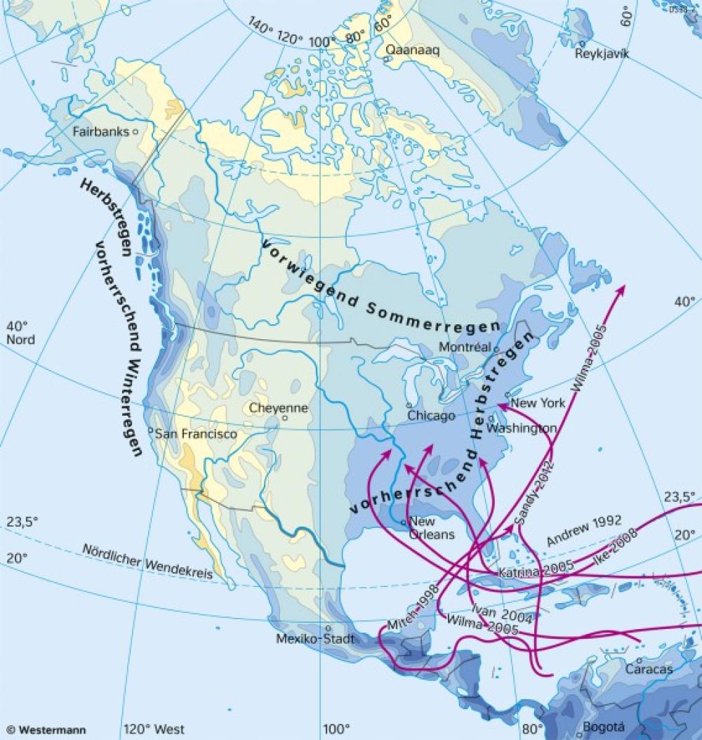 Bild der Karte Nord- und Mittelamerika - Niederschläge im Jahr - Nord- und Mittelamerika - Landwirtschaft und Klima
