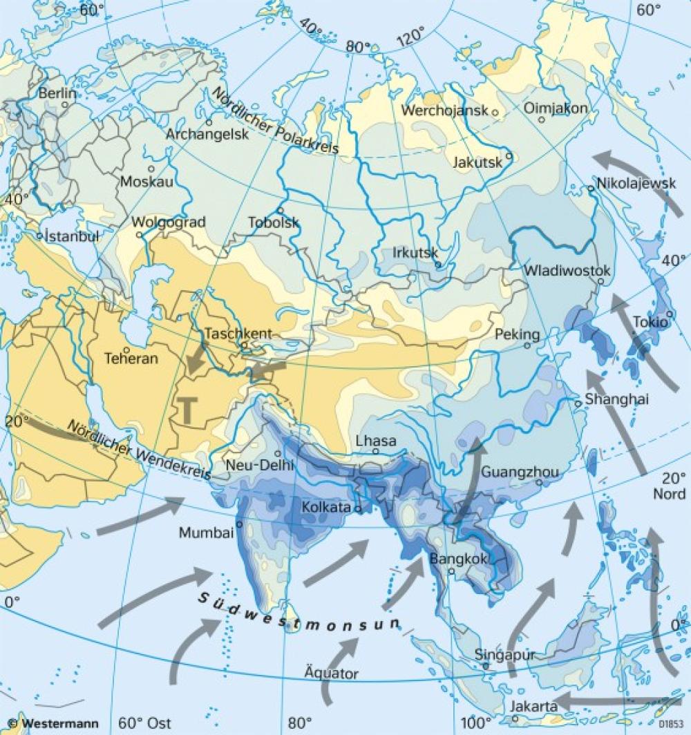 Bild der Karte Asien - Niederschläge - im Juli - Asien - Klima und Monsun