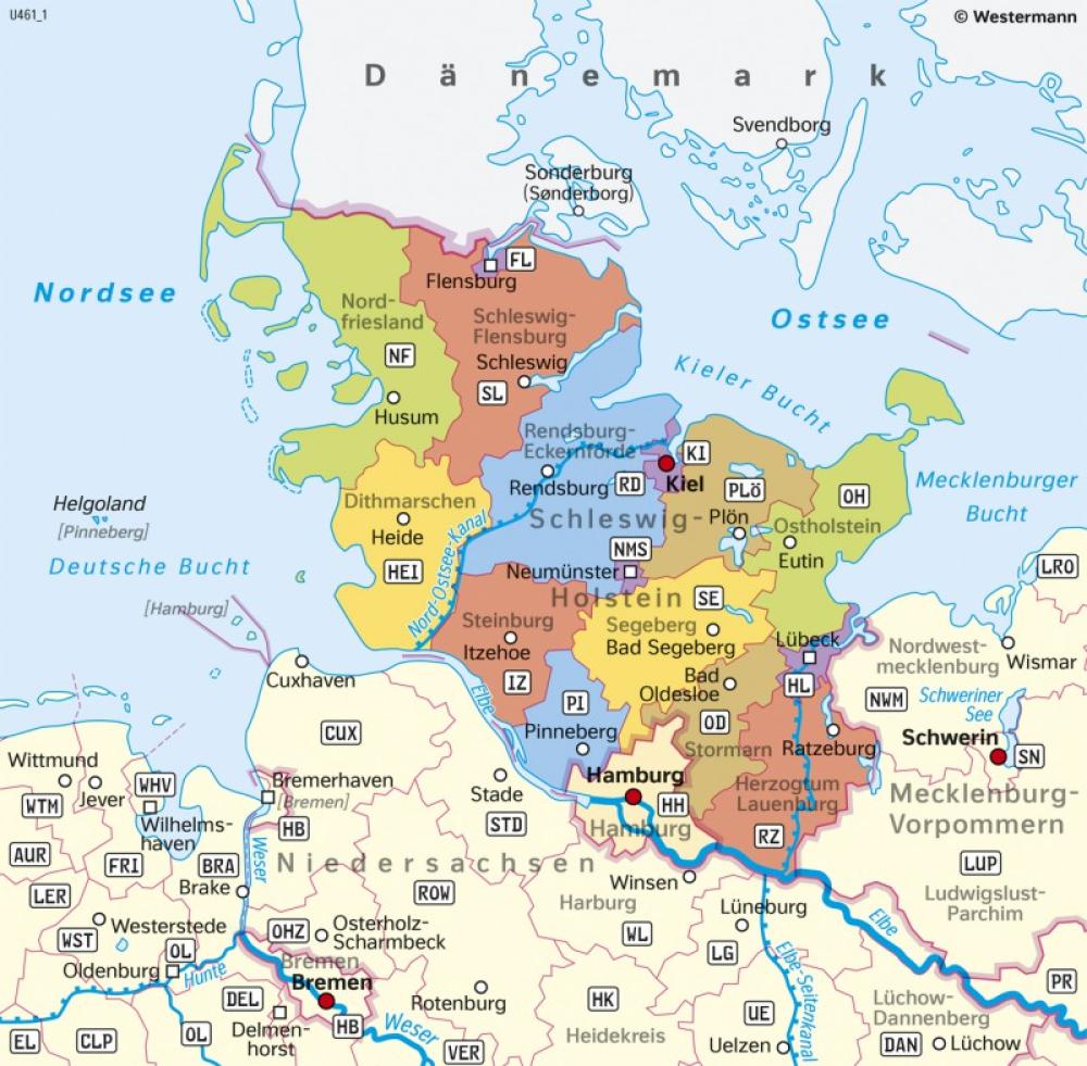 Bild der Karte Schleswig-Holstein - Verwaltung - Schleswig-Holstein und Hamburg - Geschichte und Verwaltung