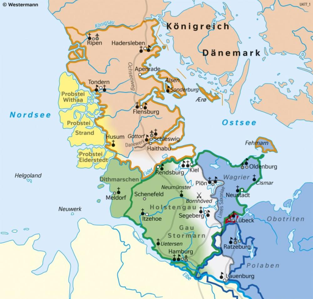 Bild der Karte Schleswig-Holstein - Territorien im Mittelalter - Schleswig-Holstein und Hamburg - Geschichte und Verwaltung