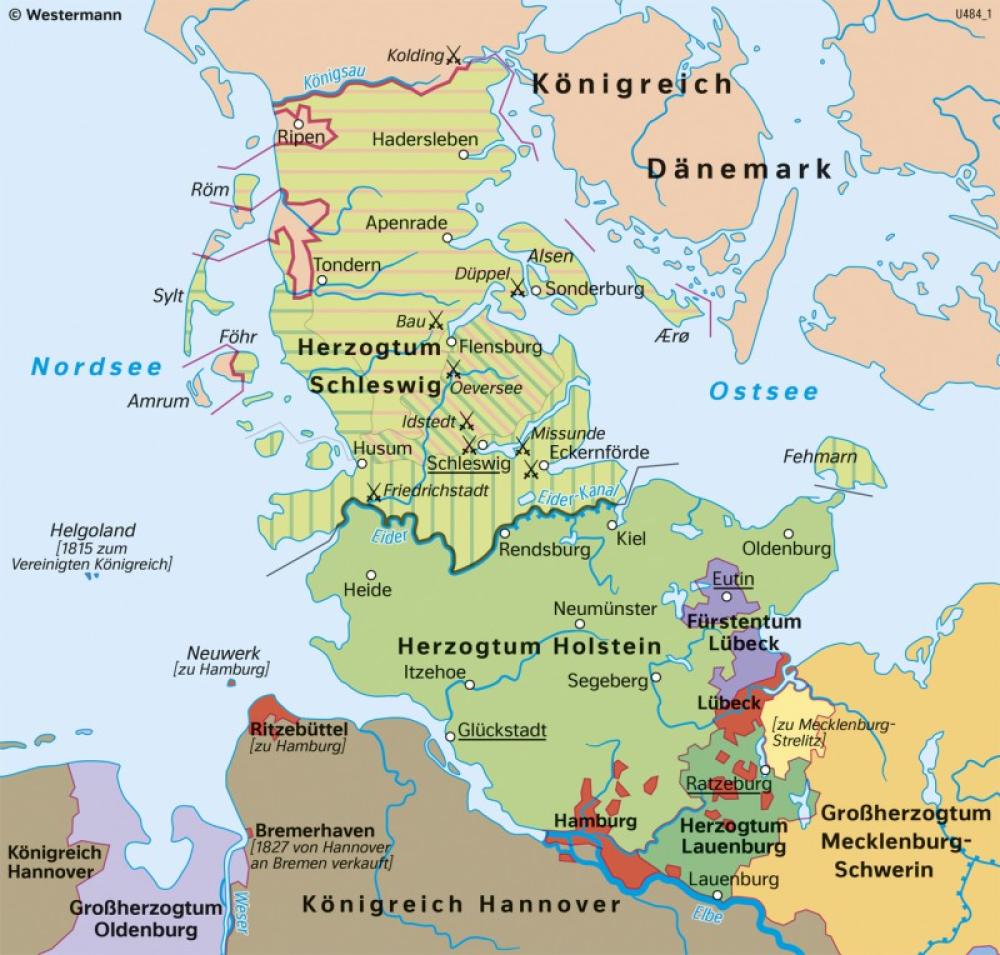Bild der Karte Schleswig-Holstein - Territorien 1815-1864 - Schleswig-Holstein und Hamburg - Geschichte und Verwaltung