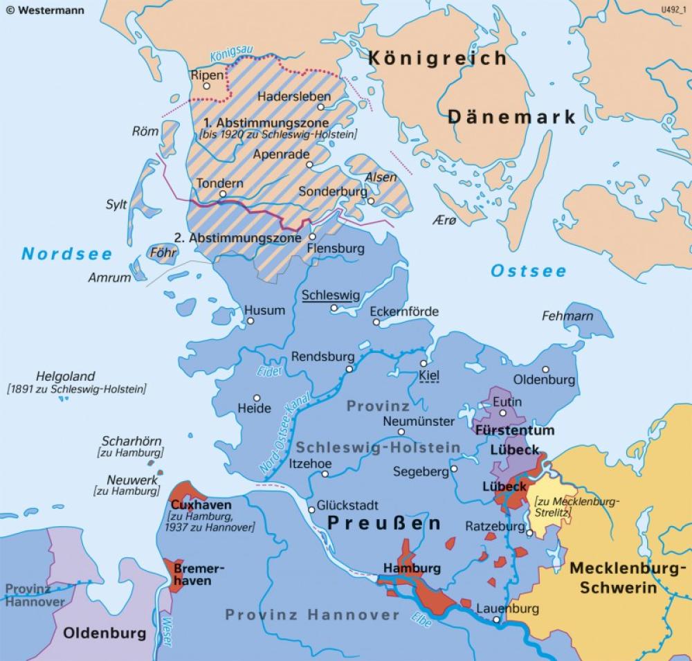 Bild der Karte Schleswig-Holstein - Abstimmungszonen 1920 - Schleswig-Holstein und Hamburg - Geschichte und Verwaltung