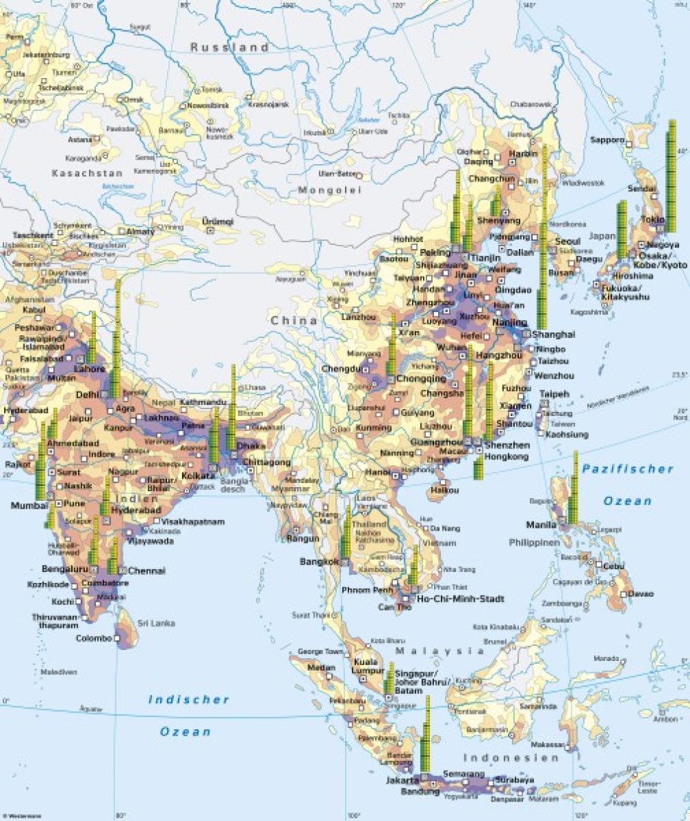 Bild der Karte Südasien, Ostasien und Südostasien - Bevölkerungsschwerpunkt der Erde - Asien - Verstädterung