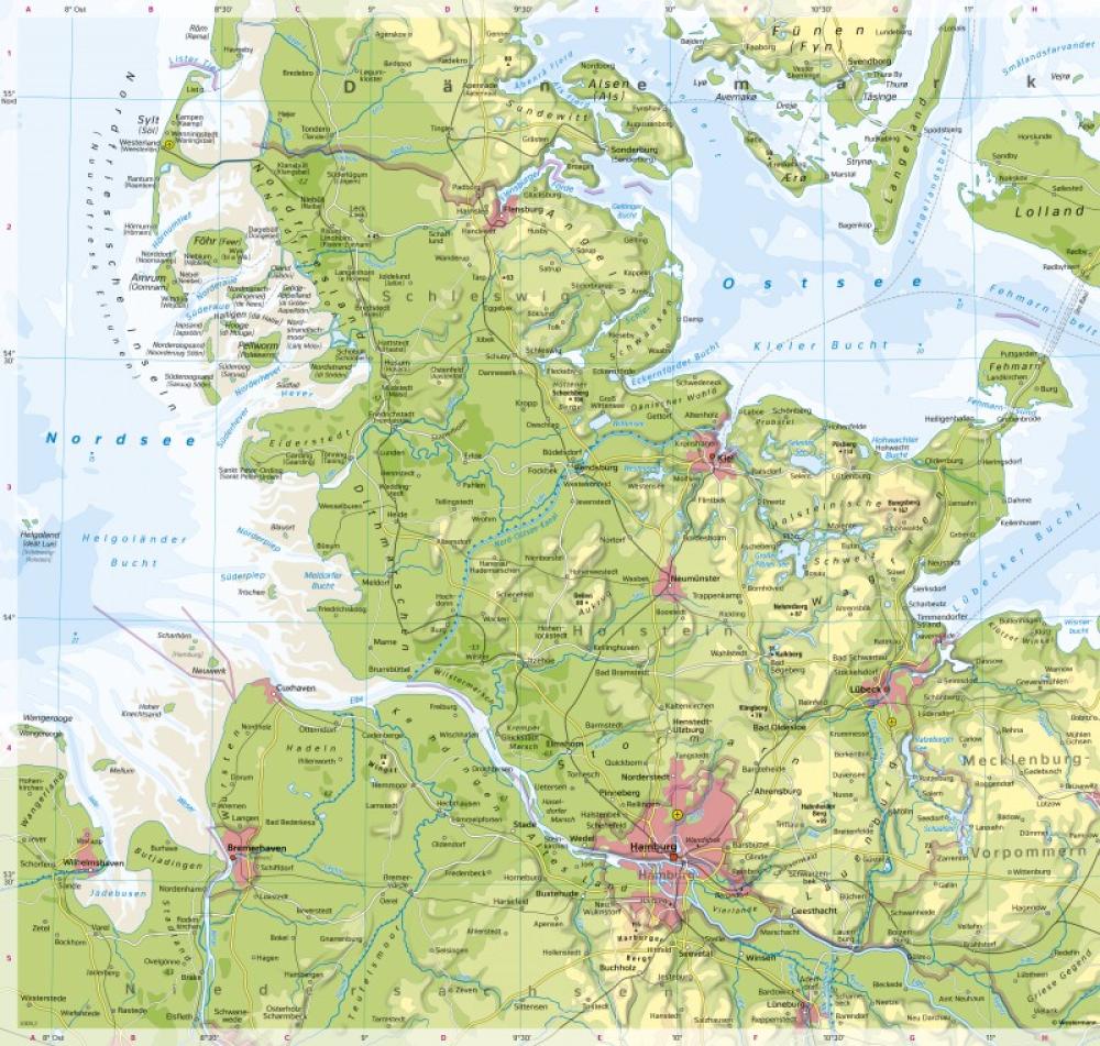 Bild der Karte Schleswig-Holstein und Hamburg - Physische Karte - Schleswig-Holstein - Küstenveränderung und physische Übersicht