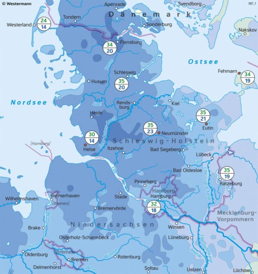 Bild der Karte Schleswig-Holstein - Niederschläge im Jahr - Schleswig-Holstein und Hamburg - Klima und Landwirtschaft