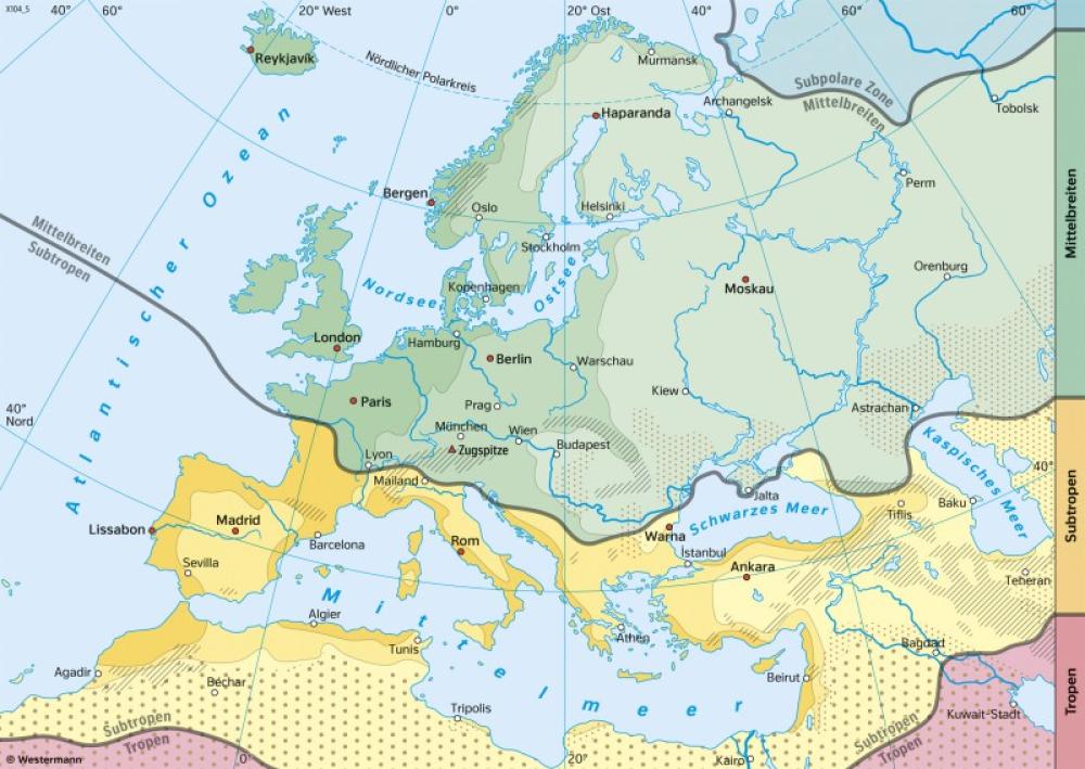 Bild der Karte Europa - Klimazonen nach ihren Merkmalen - Europa - Klima