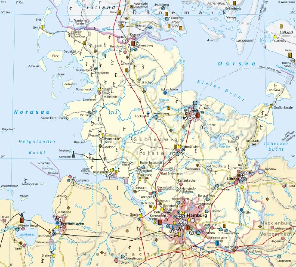 Bild der Karte Schleswig-Holstein und Hamburg - Wirtschaft und Verkehr - Schleswig-Holstein - Bevölkerung, Raumordnung und Wirtschaft