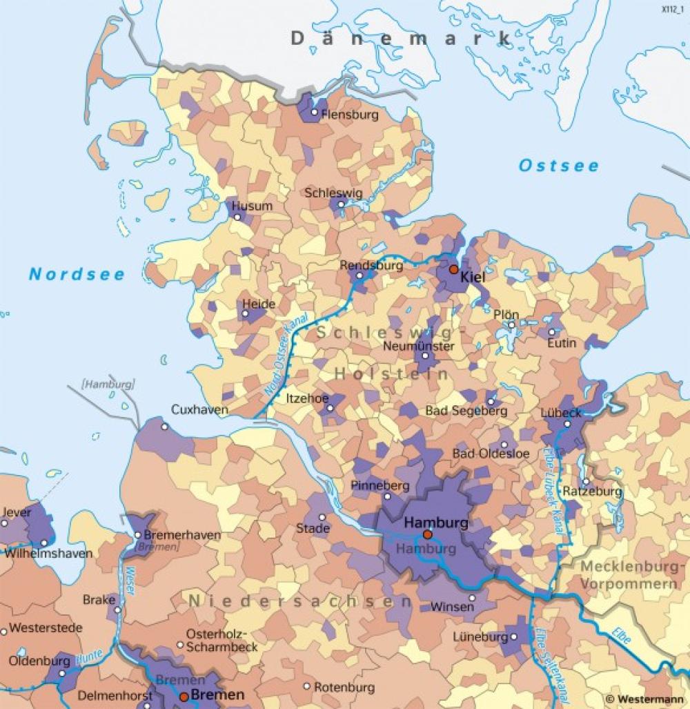 Bild der Karte Schleswig-Holstein - Bevölkerungsdichte - Schleswig-Holstein - Bevölkerung, Raumordnung und Wirtschaft