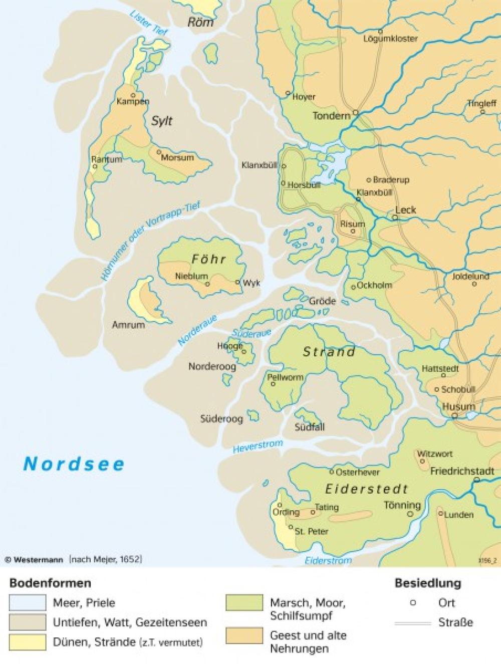 Bild der Karte Nordfriesland - Küste vor 1634 - Schleswig-Holstein - Küstenveränderung und physische Übersicht