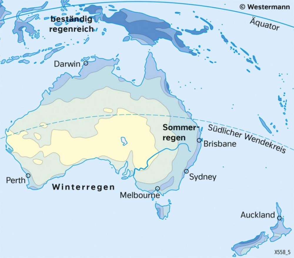 Bild der Karte Australien und Neuseeland - Niederschläge im Jahr - Australien und Neuseeland - Wirtschaft und Naturraum