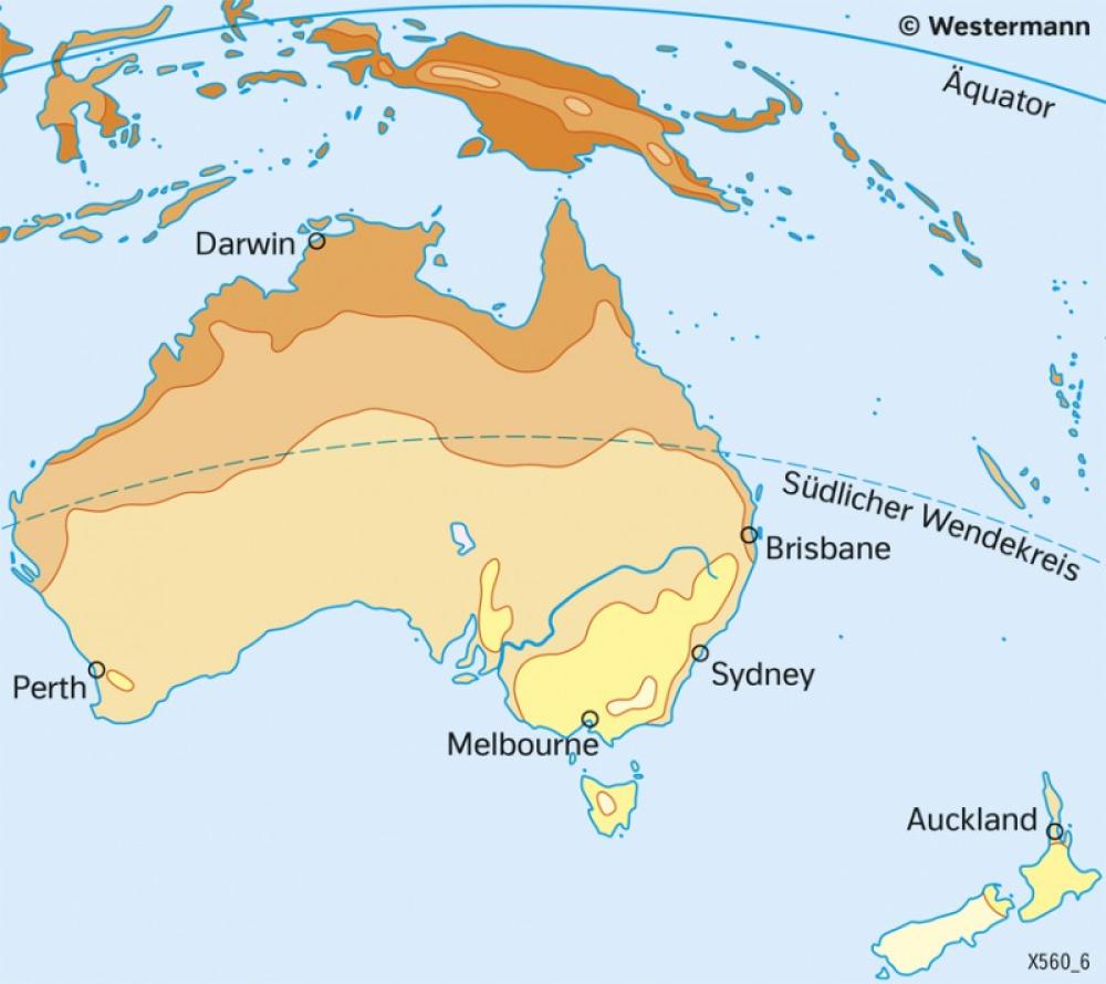 Bild der Karte Australien und Neuseeland - Temperaturen im Juli - Australien und Neuseeland - Wirtschaft und Naturraum