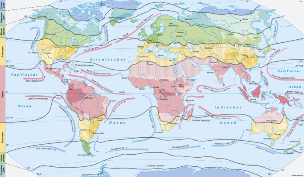 Bild der Karte Klimate der Erde (Klimazonen nach ihren Merkmalen) - Erde - Klimazonen und ihre Gliederung