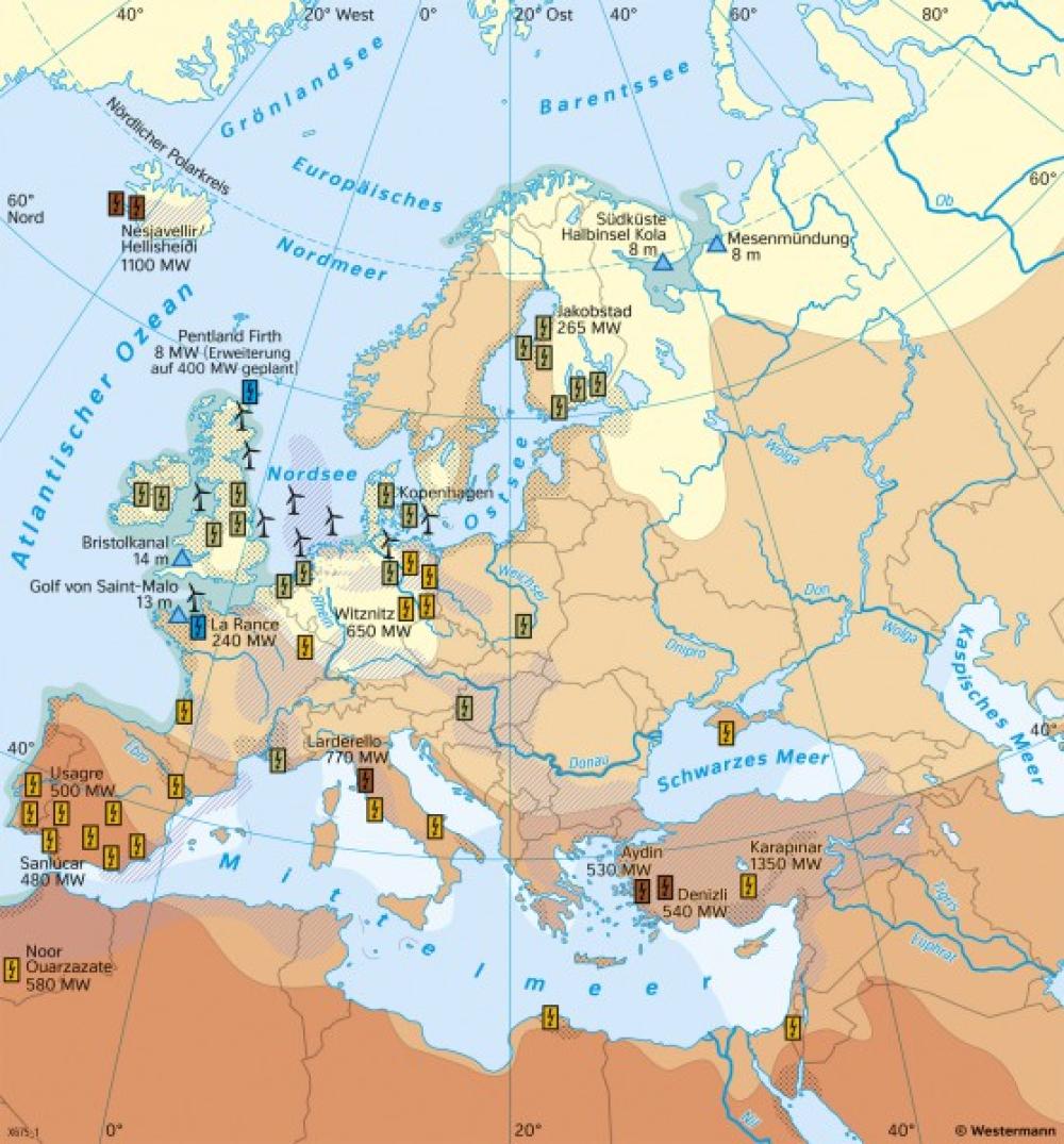 Bild der Karte Europa - Erneuerbare Energiereserven - Europa - Verkehr und Energie