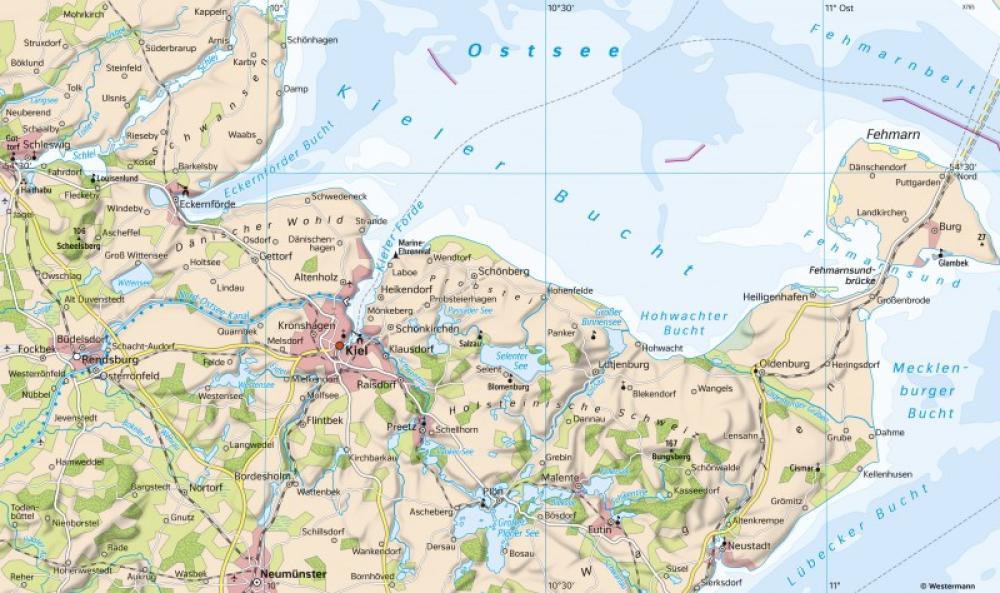 Bild der Karte Kieler Bucht - Landschaften an der Ostseeküste - Kieler Förde - Maßstab und Entfernungen