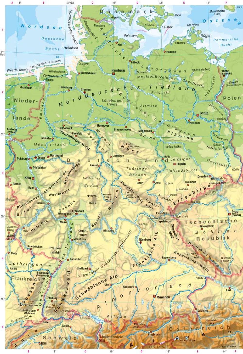 Bild der Karte Deutschland - Physische Karte - Deutschland - Landschaften in Bild und Karte