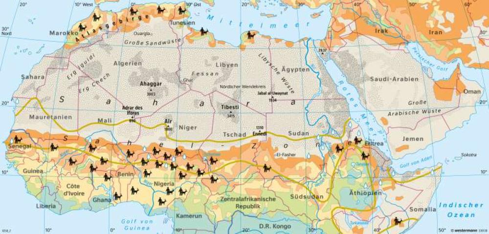 Bild der Karte Nördliches Afrika - Wüstenarten und Wüstenausbreitung (Desertifikation) - Afrika - Afrika - Sahara und Sahel