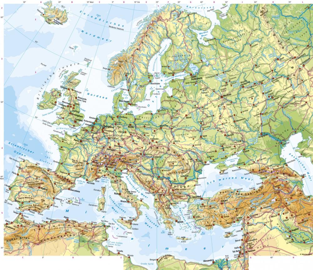Самые высокие горы зарубежной европы. Физическая карта Европы. Физическая карта Западной Европы. Зарубежная Европа физическая карта реки. Географическая карта Европы горы.