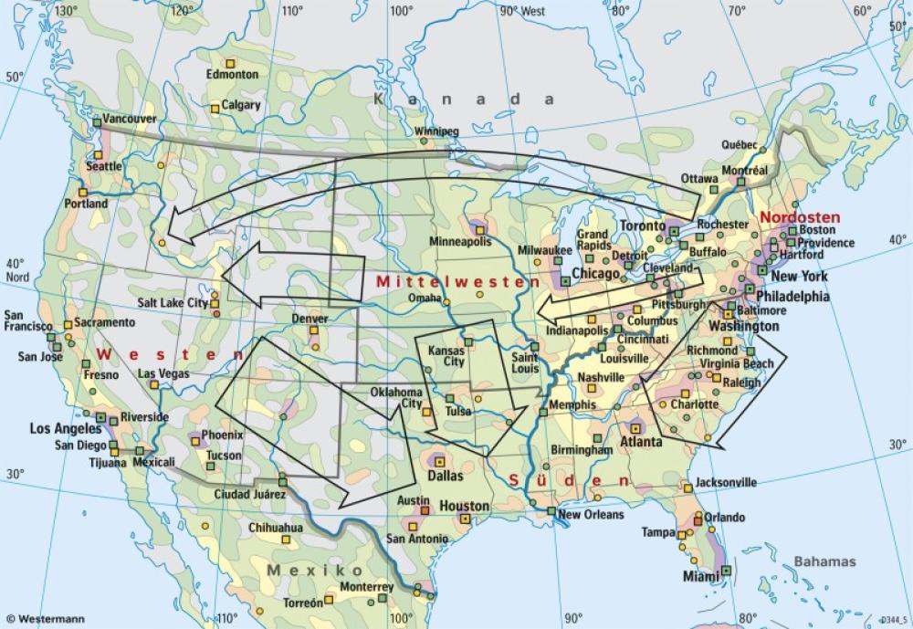 Bild der Karte USA - Bevölkerungsverteilung und -wanderung - USA - Bevölkerung