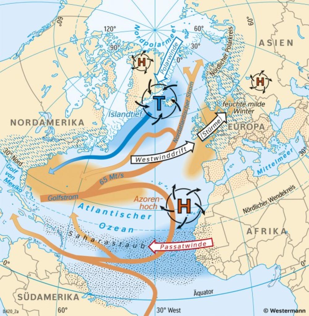 Bild der Karte Nordatlantik - Winterliche Wettersysteme - Positiver NAO-Index - Europa - Wetter und Klimaänderungen